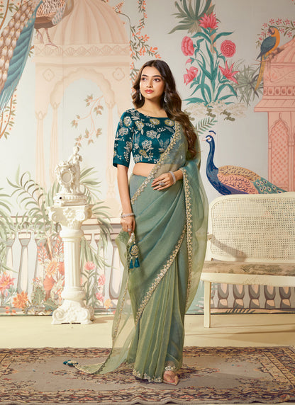 Light Turquoise Organza Silk Designer Blouse Party Wear Saree