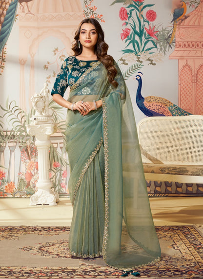Light Turquoise Organza Silk Designer Blouse Party Wear Saree