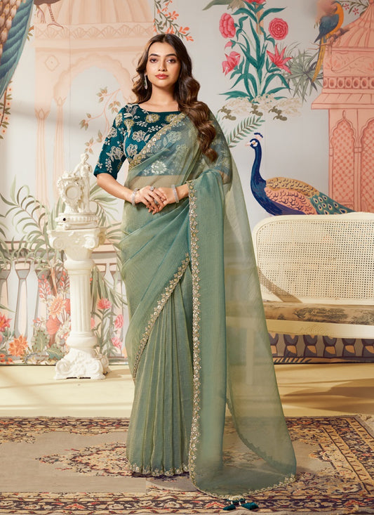 Light Turquoise Organza Silk Designer Blouse Party Wear Saree