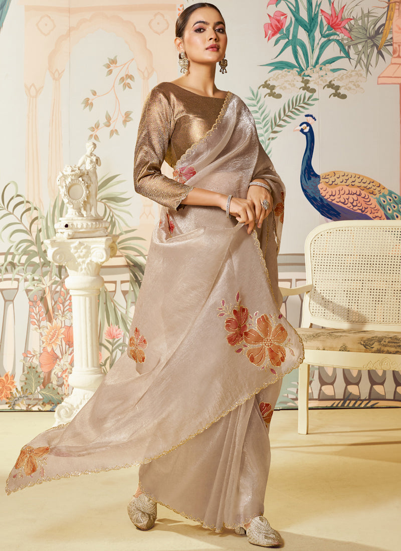 Beige Satin Organza Designer Blouse Party Wear Saree