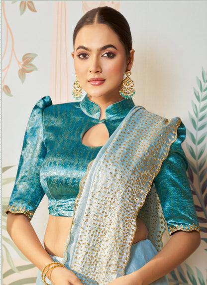 Light Sky Blue Jacquard Satin Silk Designer Blouse Party Wear Saree
