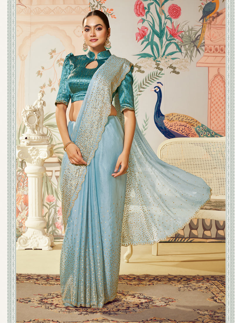 Light Sky Blue Jacquard Satin Silk Designer Blouse Party Wear Saree