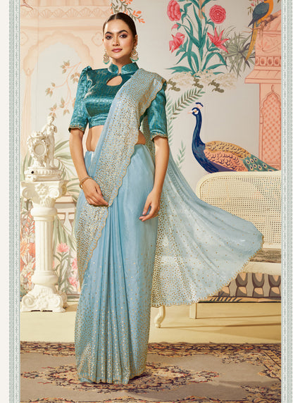 Light Sky Blue Jacquard Satin Silk Designer Blouse Party Wear Saree