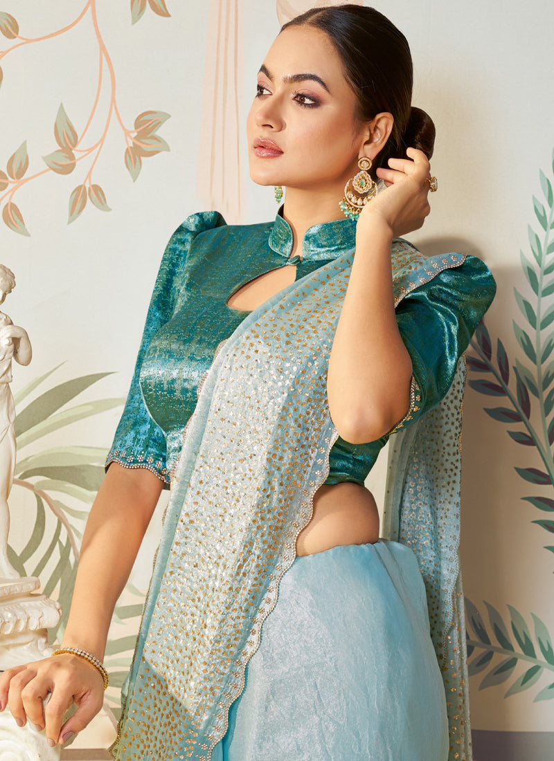 Light Sky Blue Jacquard Satin Silk Designer Blouse Party Wear Saree