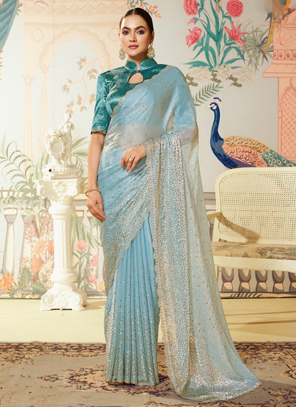 Light Sky Blue Jacquard Satin Silk Designer Blouse Party Wear Saree