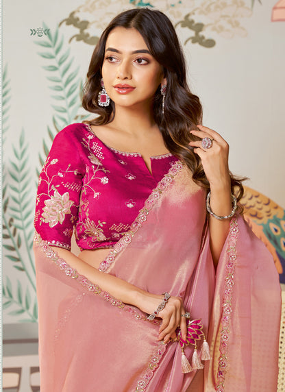 Baby Pink Organza Silk Designer Blouse Party Wear Saree