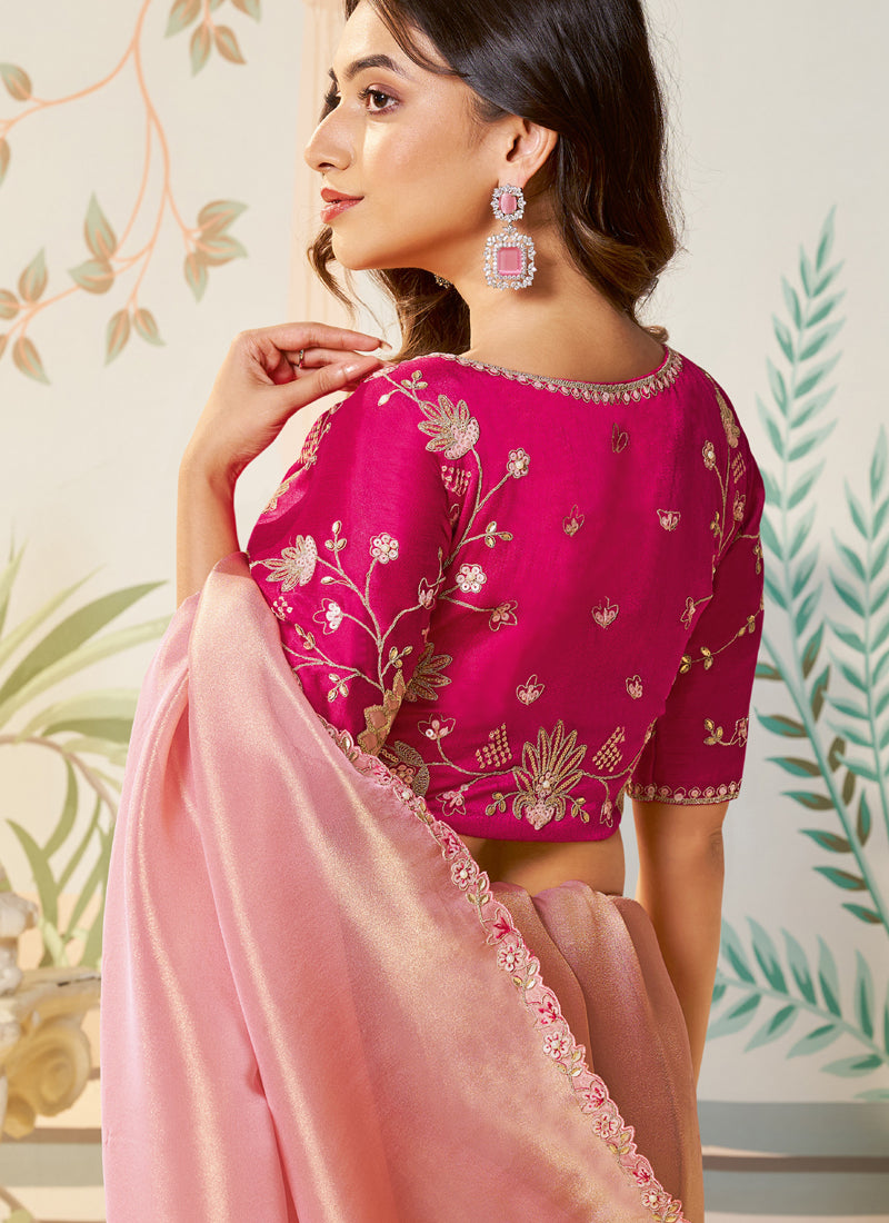 Baby Pink Organza Silk Designer Blouse Party Wear Saree