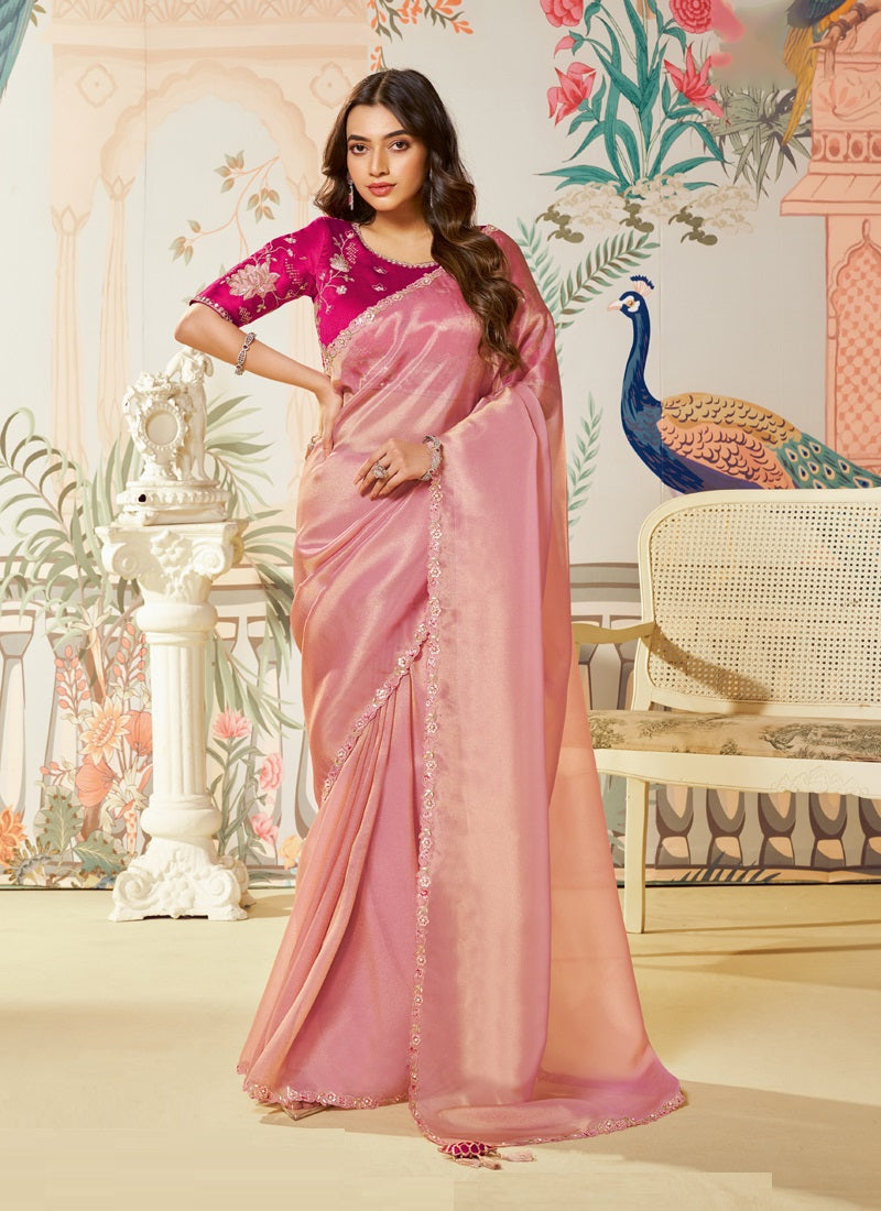 Baby Pink Organza Silk Designer Blouse Party Wear Saree