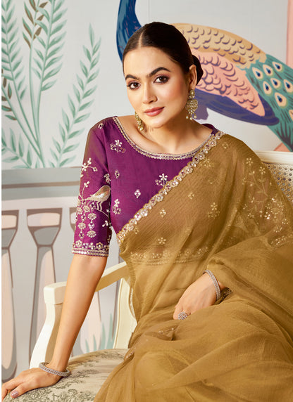 Golden Organza Silk Designer Blouse Party Wear Saree