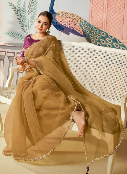 Golden Organza Silk Designer Blouse Party Wear Saree
