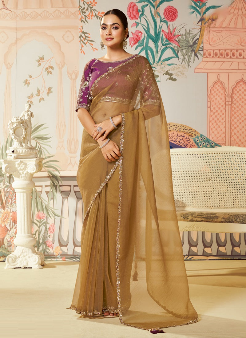 Golden Organza Silk Designer Blouse Party Wear Saree