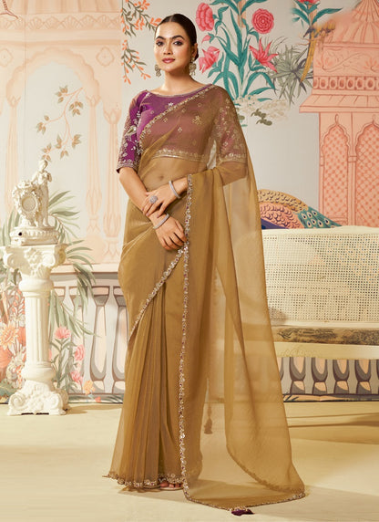 Golden Organza Silk Designer Blouse Party Wear Saree