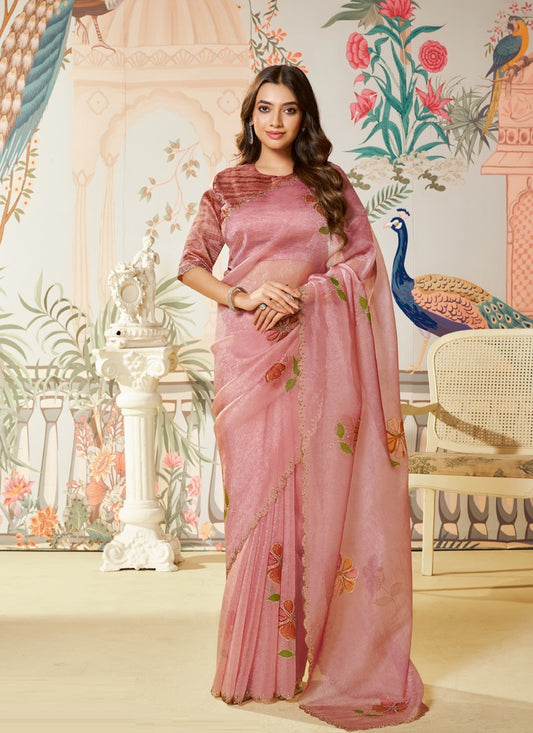 Baby Pink Organza Diamond Designer Blouse Party Wear Saree