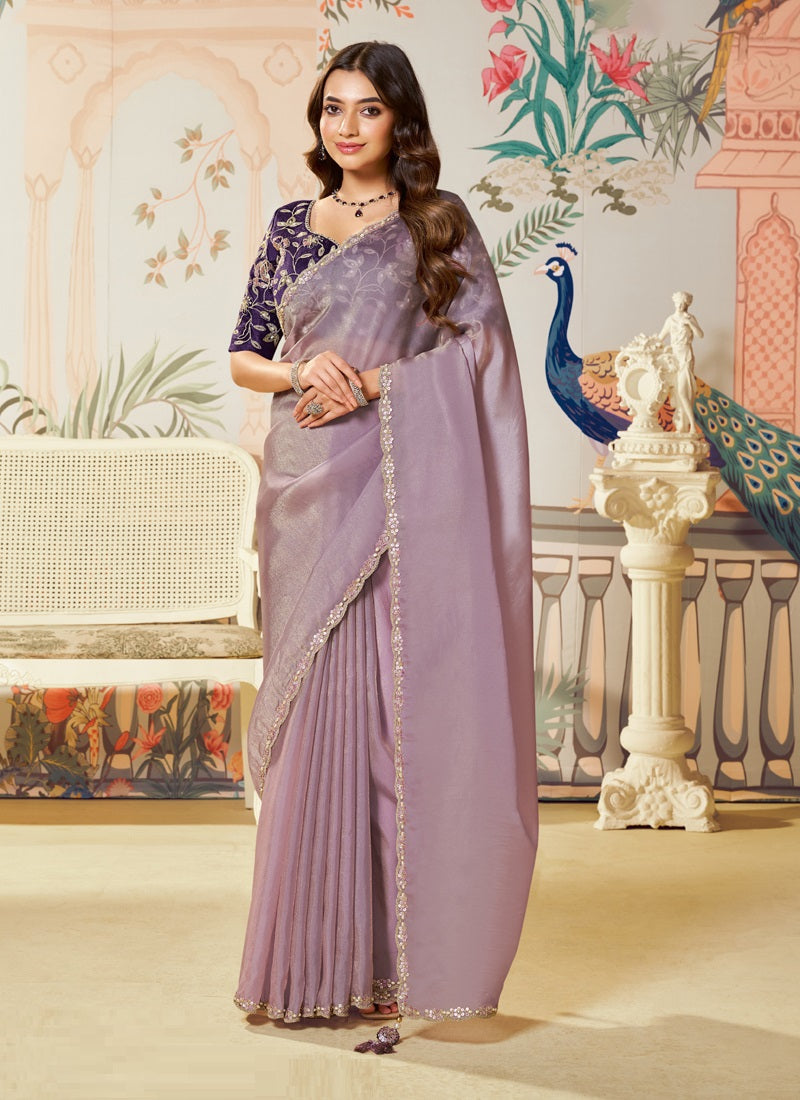 Lavender Organza Silk Designer Contrast Blouse Party Wear Saree