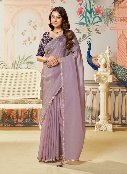 Lavender Organza Silk Designer Contrast Blouse Party Wear Saree