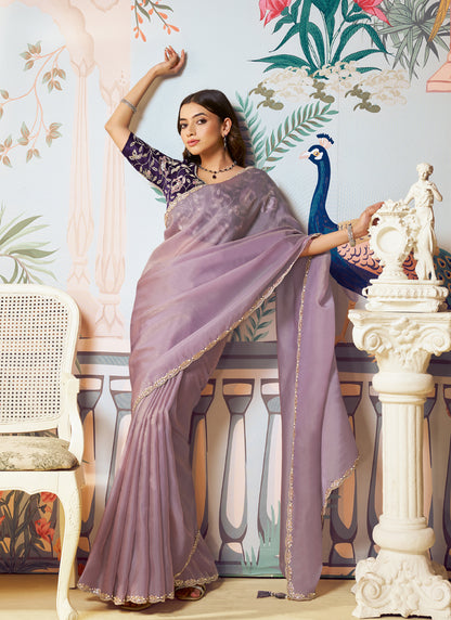 Lavender Organza Silk Designer Contrast Blouse Party Wear Saree