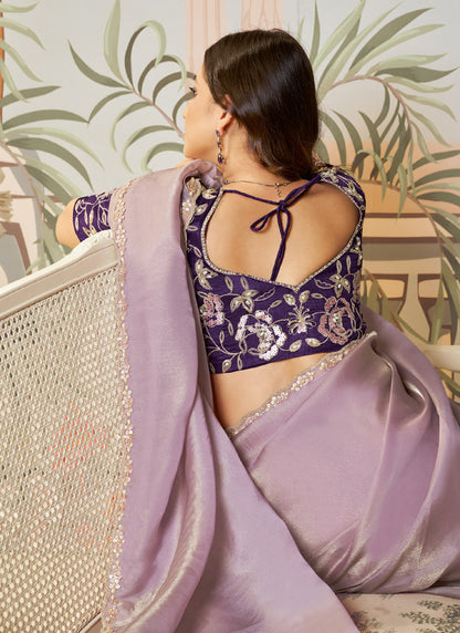 Lavender Organza Silk Designer Contrast Blouse Party Wear Saree