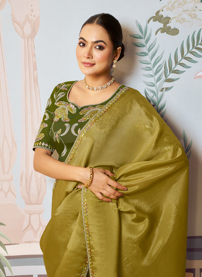 Mehndi  Satin Silk Designer Contrast Blouse Party Wear Saree