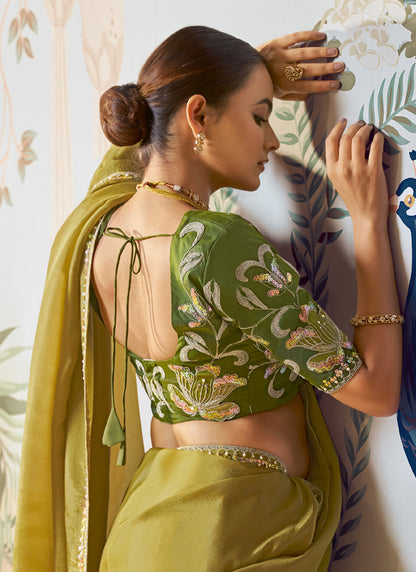 Mehndi  Satin Silk Designer Contrast Blouse Party Wear Saree