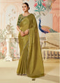 Mehndi  Satin Silk Designer Contrast Blouse Party Wear Saree