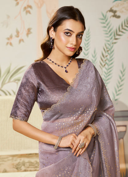 Mauve Organza Brush Print Designer Blouse Party Wear Saree