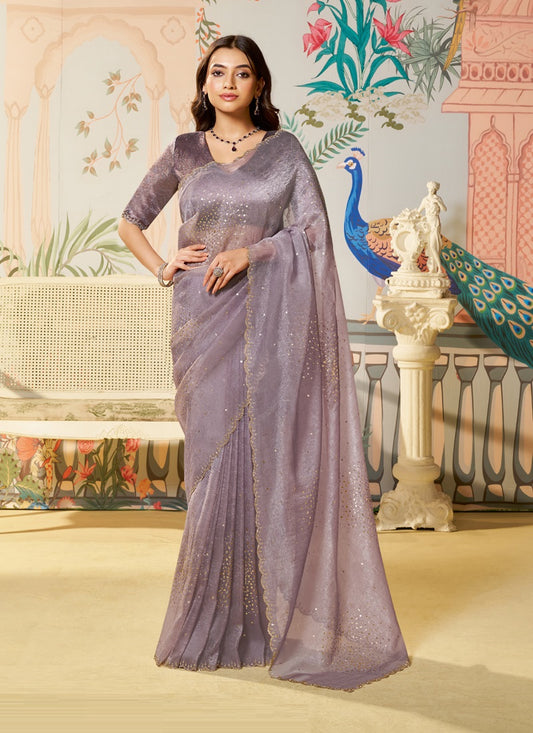 Mauve Organza Brush Print Designer Blouse Party Wear Saree