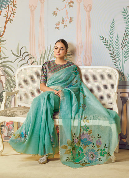 Light Turquoise Organza Silk Designer Blouse Party Wear Saree