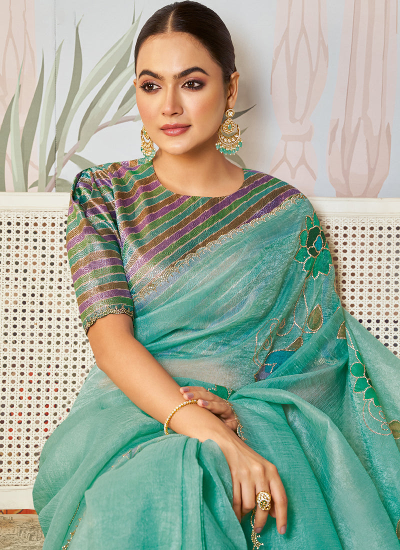 Light Turquoise Organza Silk Designer Blouse Party Wear Saree