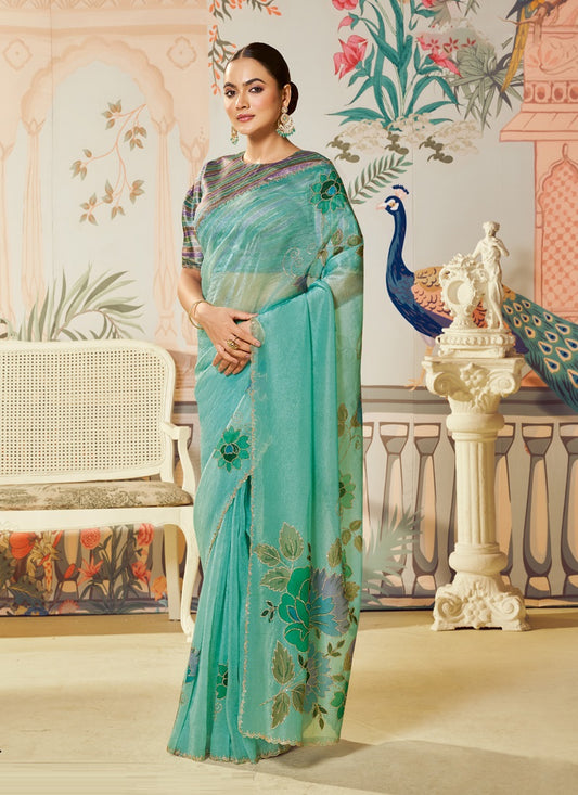 Light Turquoise Organza Silk Designer Blouse Party Wear Saree