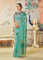 Light Turquoise Organza Silk Designer Blouse Party Wear Saree