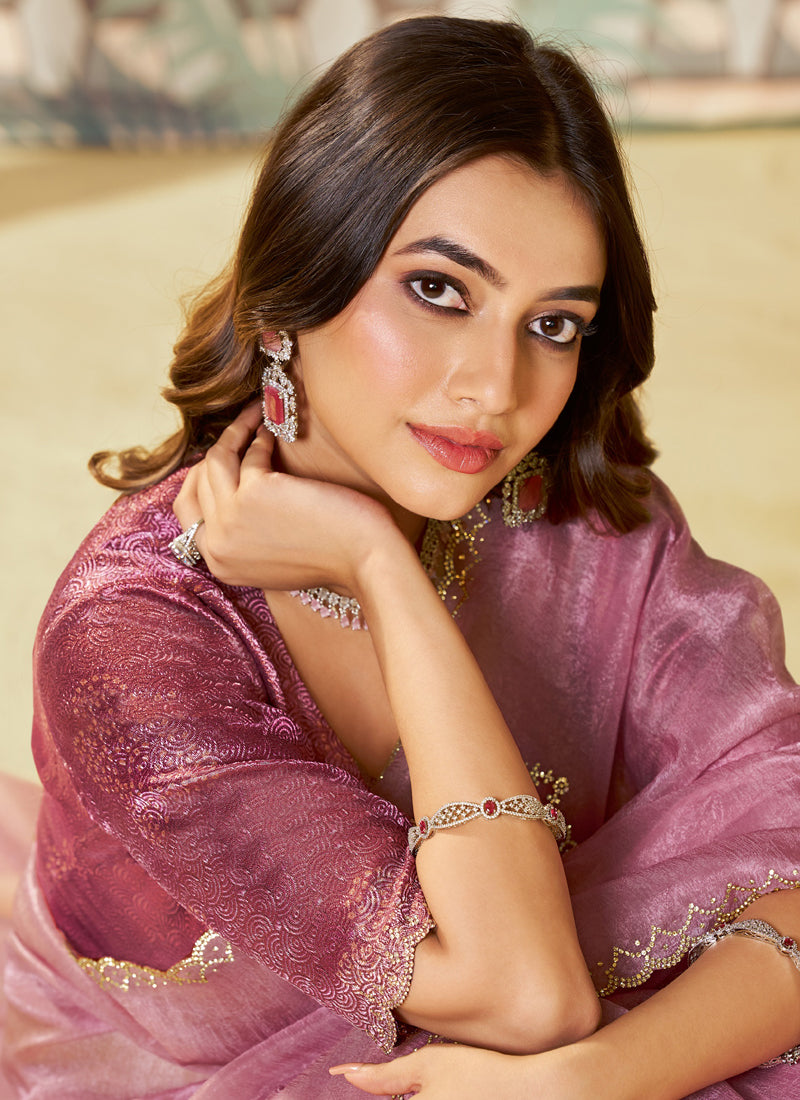 Onion Pink Organza Brush Print Designer Blouse Party Wear Saree