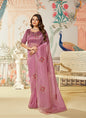 Onion Pink Organza Brush Print Designer Blouse Party Wear Saree