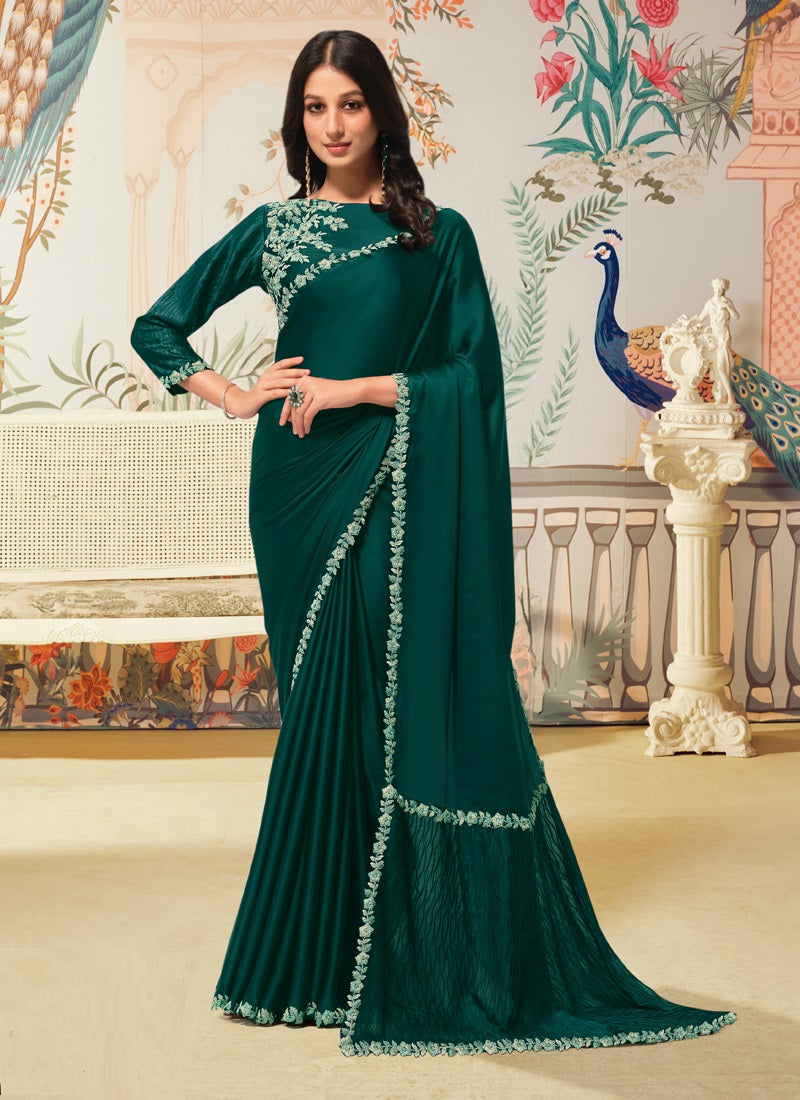 Dark Green Crape Satin Silk Contrast Blouse Party Wear Saree