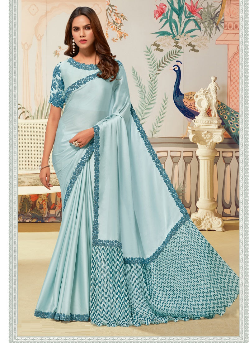 Sky Blue Crape Satin Silk Embroidery Designer Contrast Blouse Party Wear Saree