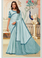 Sky Blue Crape Satin Silk Embroidery Designer Contrast Blouse Party Wear Saree