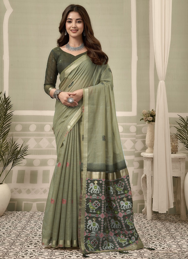 Cotton Zari Border Patola Pallu with Fancy Tassels Saree