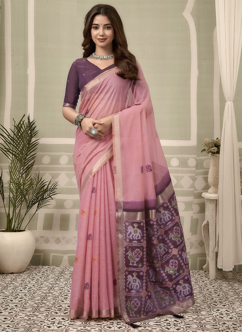 Cotton Zari Border Patola Pallu with Fancy Tassels Saree