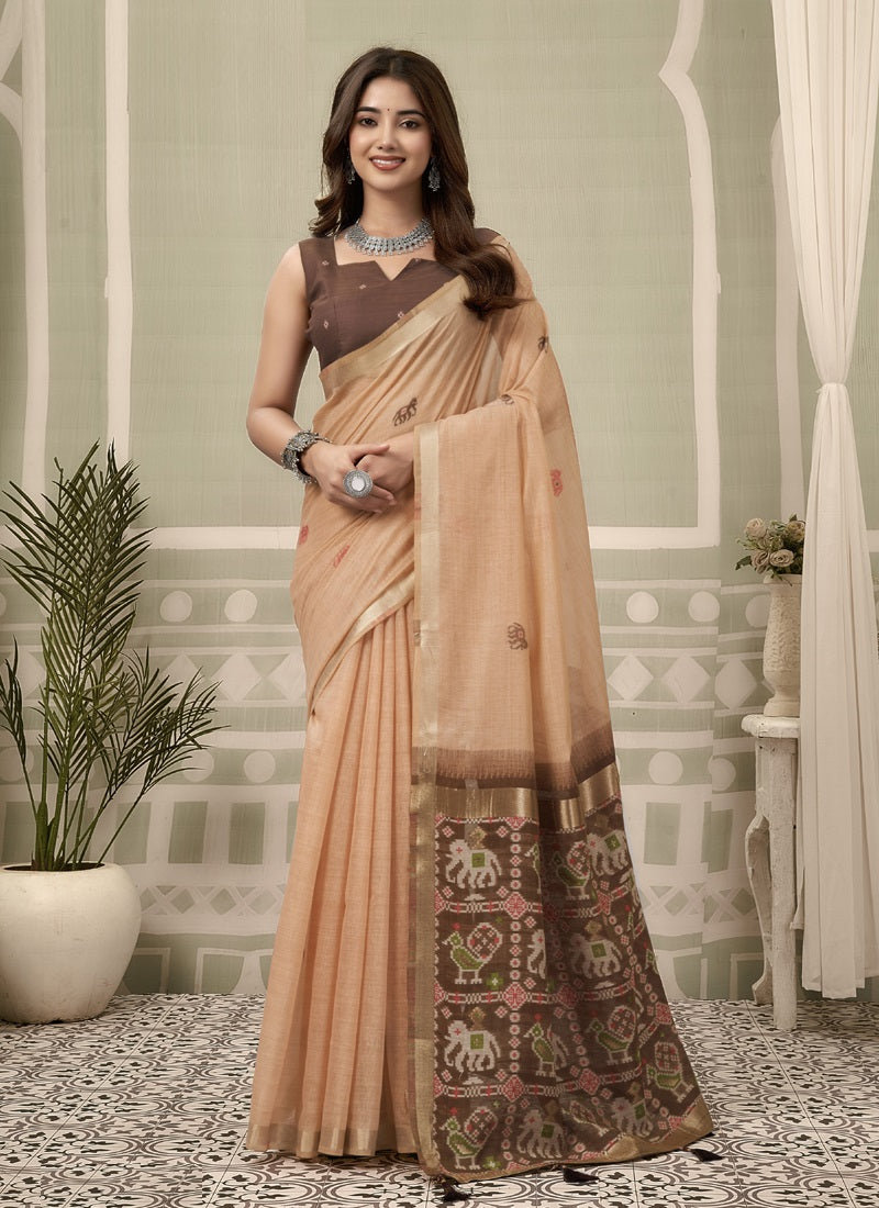 Cotton Zari Border Patola Pallu with Fancy Tassels Saree