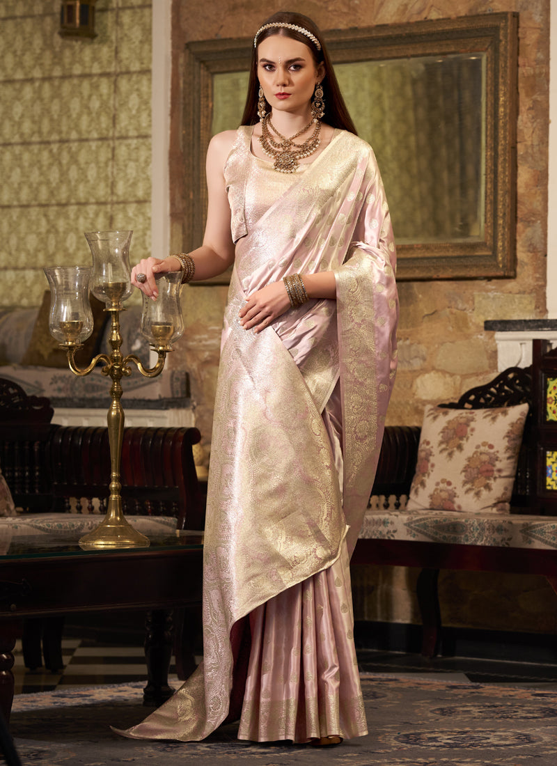 Light Rose Gold Soft Satin Silk Silver Weaving Traditional Wear Saree