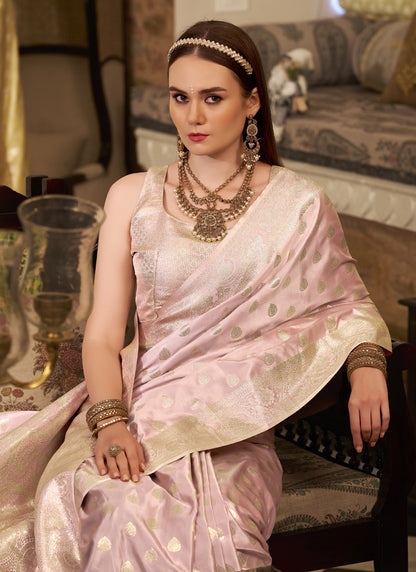 Light Rose Gold Soft Satin Silk Silver Weaving Traditional Wear Saree