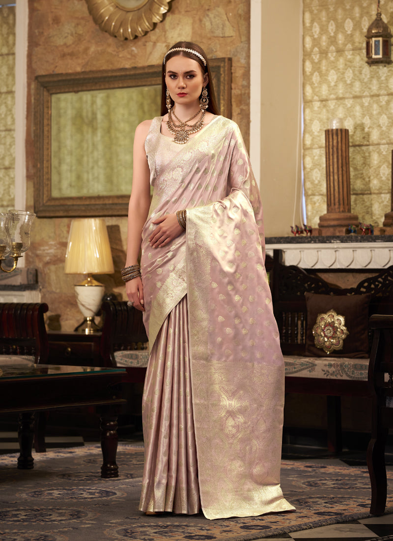 Light Rose Gold Soft Satin Silk Silver Weaving Traditional Wear Saree