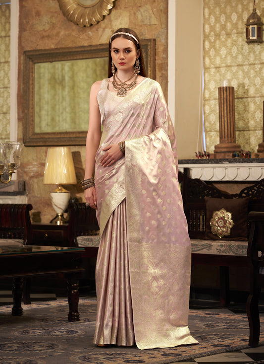 Light Rose Gold Soft Satin Silk Silver Weaving Traditional Wear Saree
