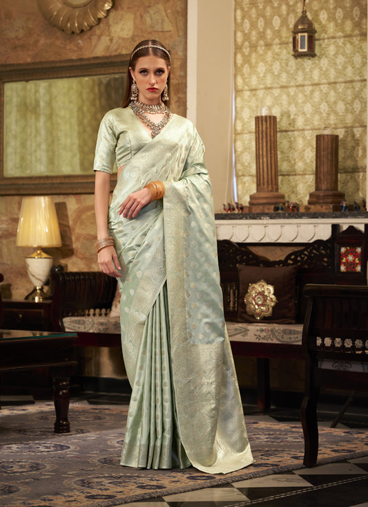 Light Pista Soft Satin Silk Silver Weaving Traditional Wear Saree