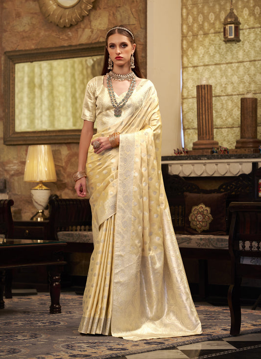 Cream Soft Satin Silk Silver Weaving Traditional Wear Saree