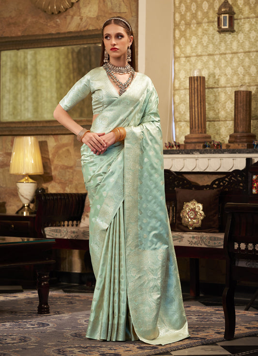 Light Turquoise Soft Satin Silk Silver Weaving Traditional Wear Saree