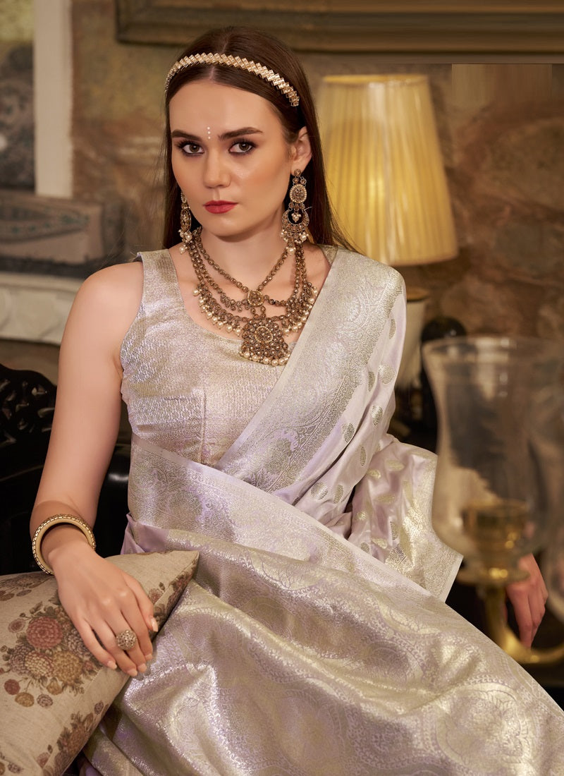 Light Plum Soft Satin Silk Silver Weaving Traditional Wear Saree