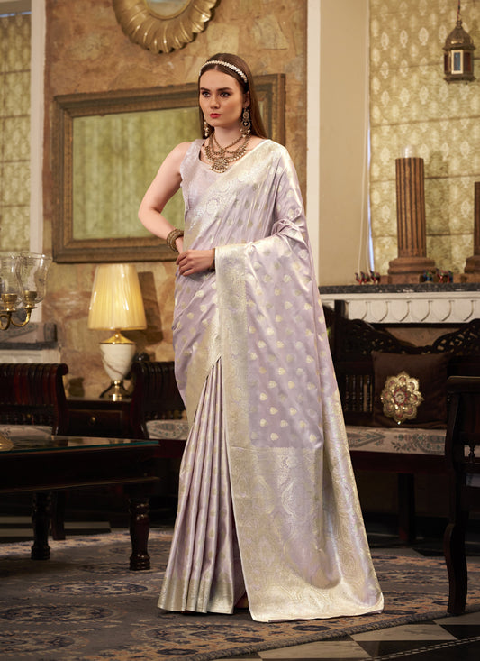Light Plum Soft Satin Silk Silver Weaving Traditional Wear Saree