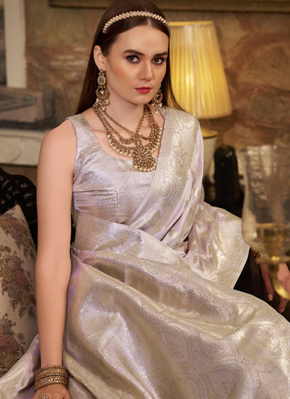 Light Plum Soft Satin Silk Silver Weaving Traditional Wear Saree