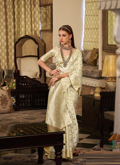 Off White Soft Satin Silk Silver Weaving Traditional Wear Saree
