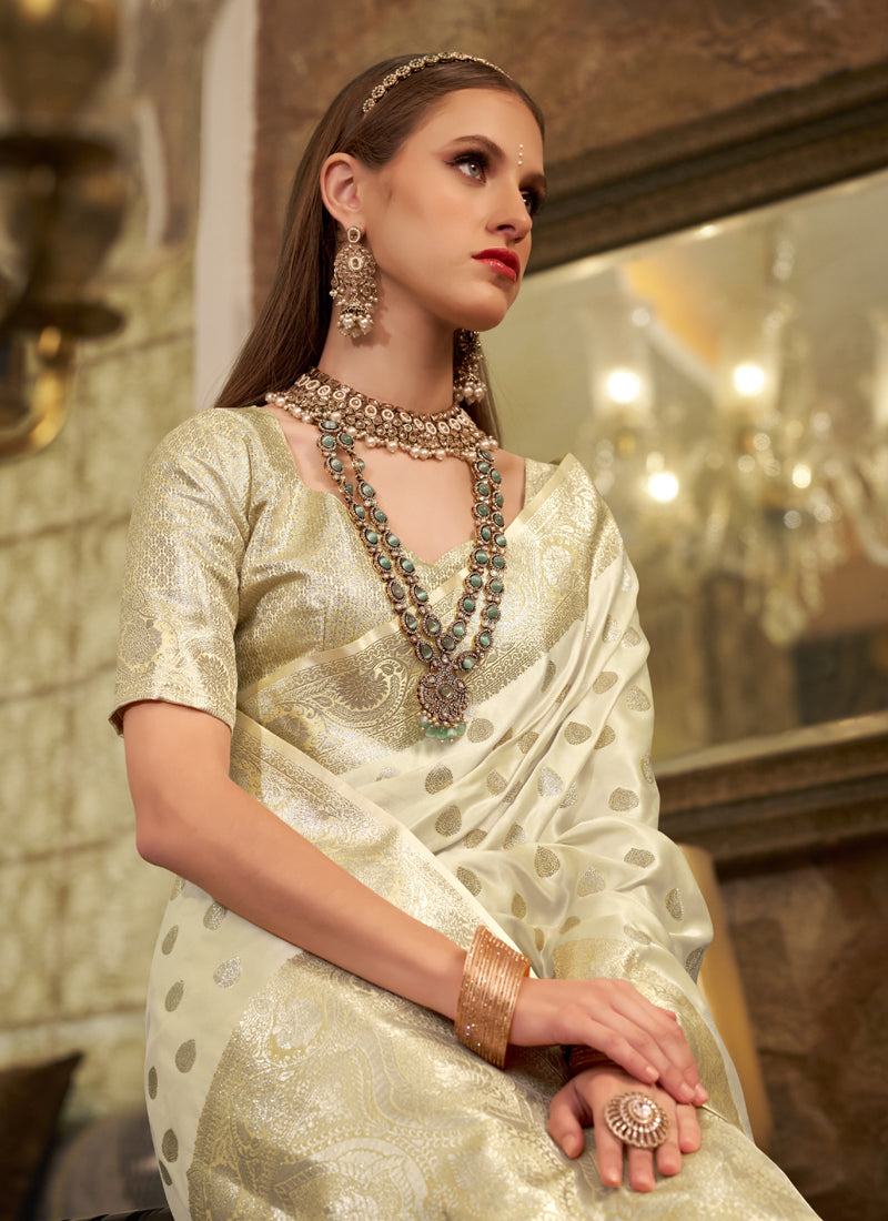 Off White Soft Satin Silk Silver Weaving Traditional Wear Saree